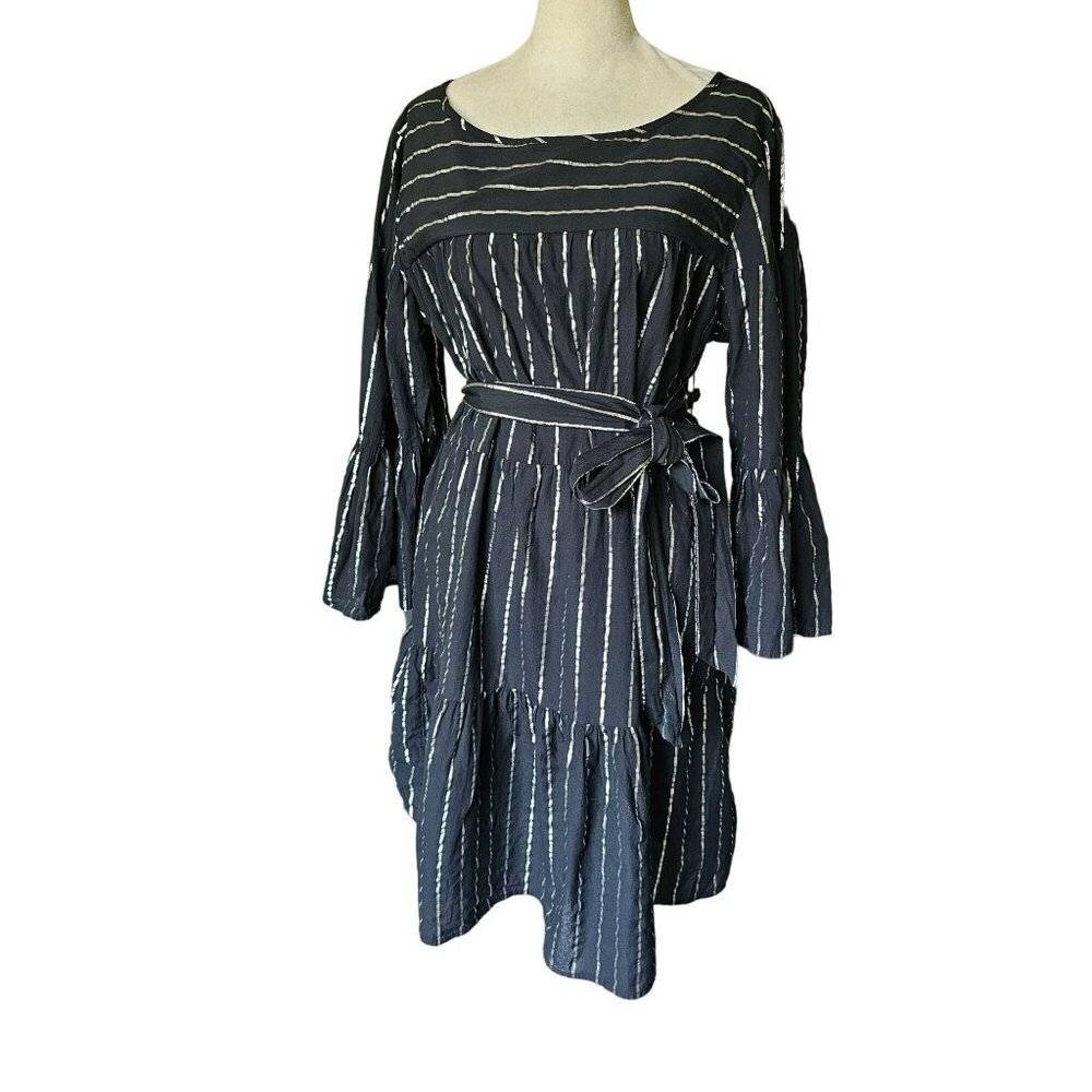 Gap Midi Dress Full Skirt Bell Sleeve Tie-Waist Women's Size L Black Silver Stri